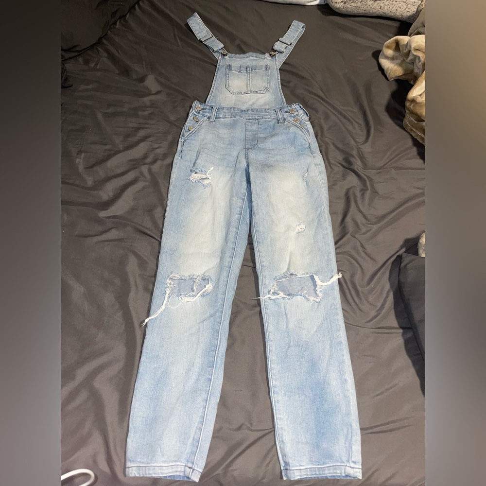 Sky and Sparrow Light Blue Distressed Denim Overalls